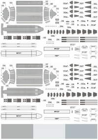 A monochrome technical decal sheet showing multiple small aircraft or model-part decals with labels, part numbers, and outline drawings on a white background.