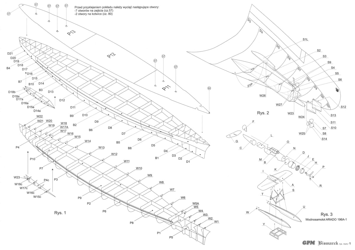 Image of GPM Publishing's Bismarck Card Model Kit in 1:200 scale, showcasing the detailed components and design of the legendary German battleship, ideal for enthusiasts of military and naval modeling.