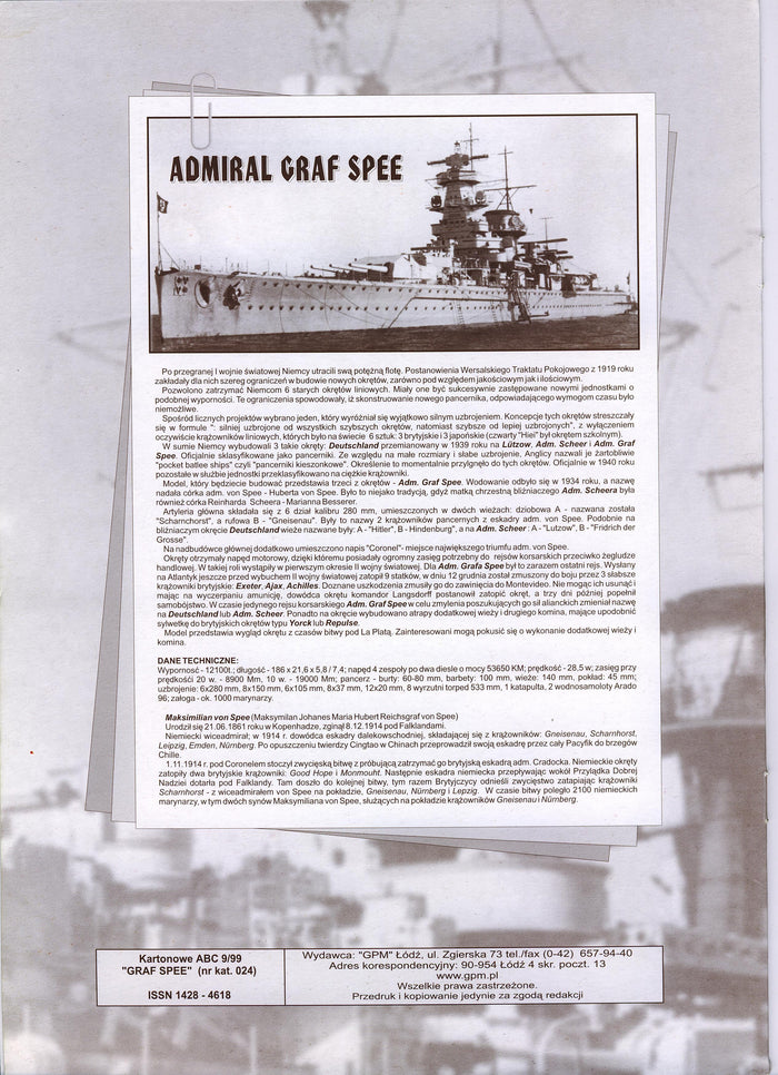 Photo of GPM Publishing's Admiral Graf Spee Card Model Kit in 1:200 scale, showcasing the intricate details and historical accuracy of the WWII German warship, perfect for modelers and naval history enthusiasts.