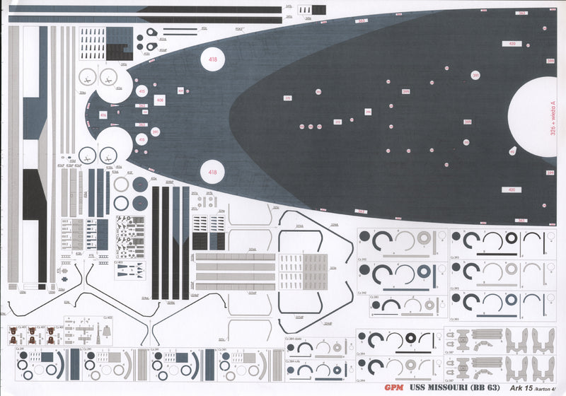 Image of GPM Publishing's USS Missouri Card Model Kit, scale 1:200, showcasing the detailed components and intricate design of the iconic battleship model.
