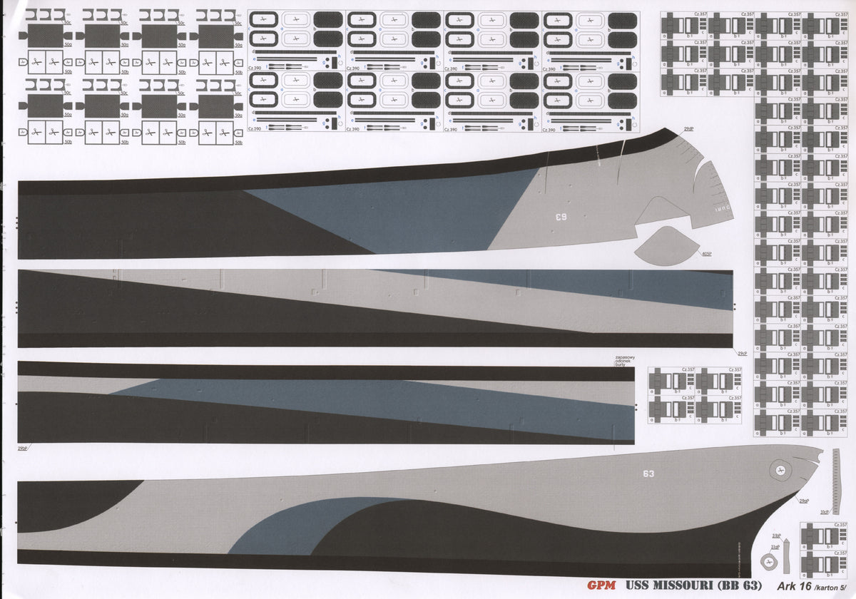 Image of GPM Publishing's USS Missouri Card Model Kit, scale 1:200, showcasing the detailed components and intricate design of the iconic battleship model.