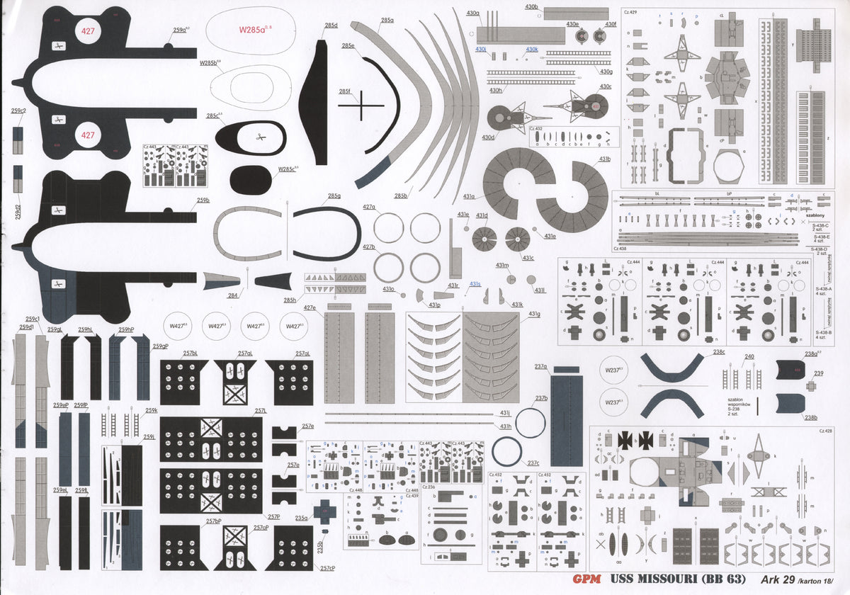 Image of GPM Publishing's USS Missouri Card Model Kit, scale 1:200, showcasing the detailed components and intricate design of the iconic battleship model.