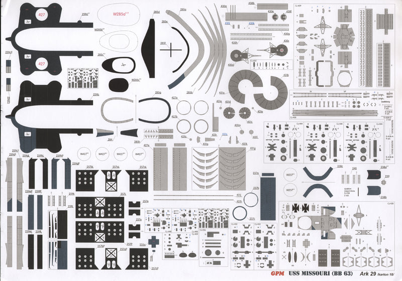 Image of GPM Publishing's USS Missouri Card Model Kit, scale 1:200, showcasing the detailed components and intricate design of the iconic battleship model.