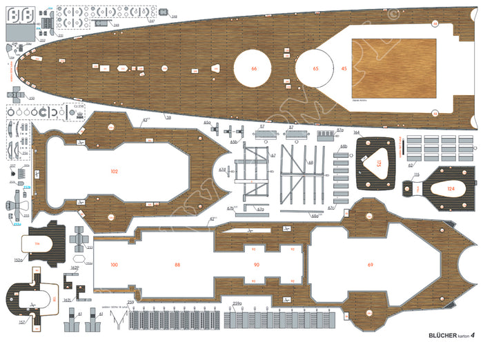 Image of the GPM KMS Blucher Card Model Kit, 1:200 scale, showcasing the detailed components and design of the historic German cruiser, ideal for model ship enthusiasts and history aficionados.